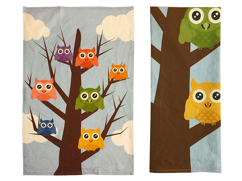 Owls in colorful squares tea towel